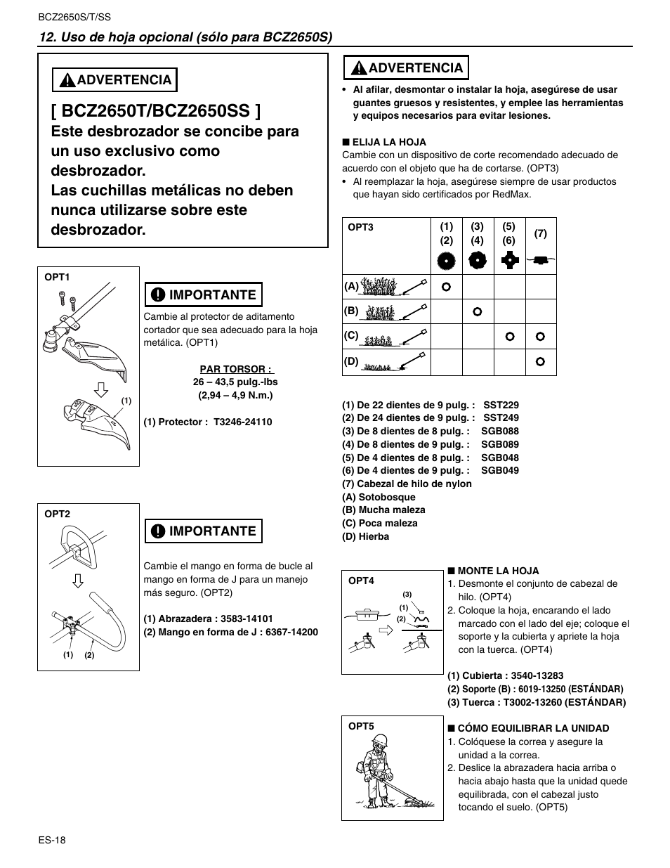 Advertencia, Uso de hoja opcional (sólo para bcz2650s), Importante | RedMax BCZ2650SS User Manual | Page 62 / 76