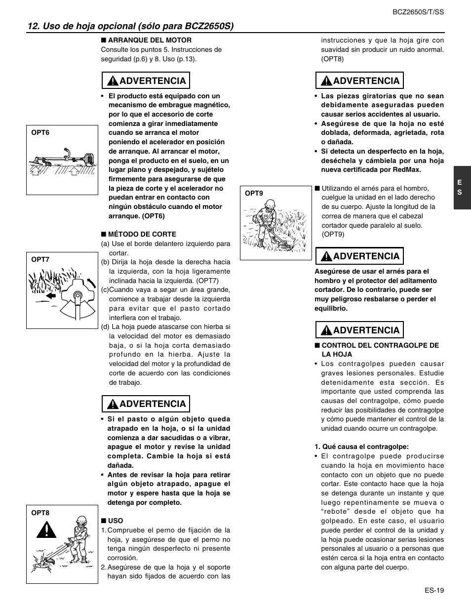 Uso de hoja opcional (sólo para bcz2650s), Advertencia | RedMax BCZ2650SS User Manual | Page 63 / 76