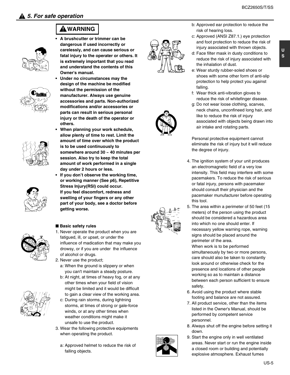 Warning 5. for safe operation | RedMax BCZ2650SS User Manual | Page 7 / 76