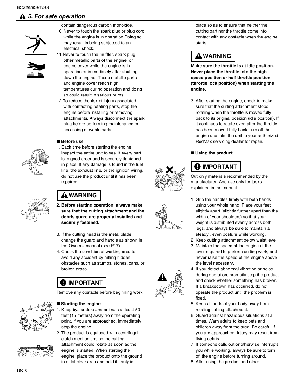 Important warning 5. for safe operation, Important warning | RedMax BCZ2650SS User Manual | Page 8 / 76