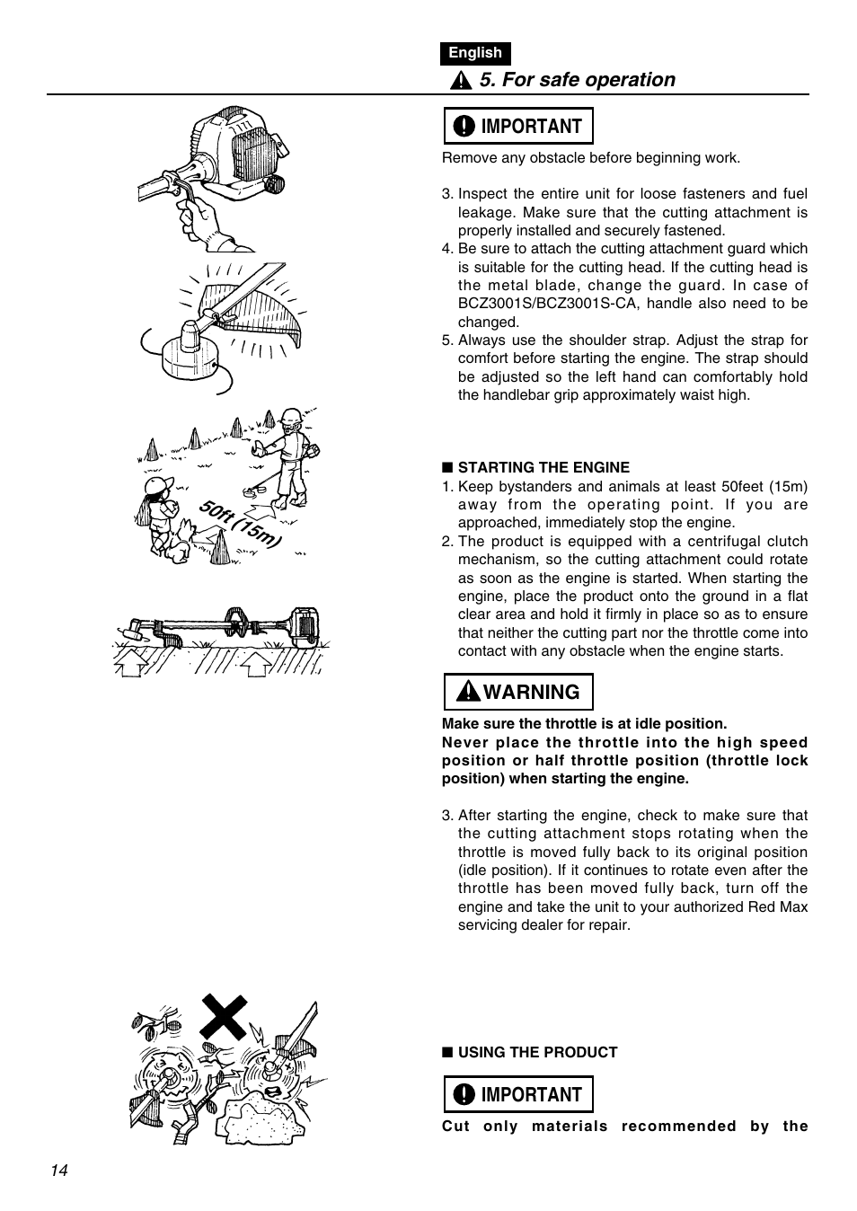 Important warning important 5. for safe operation | RedMax BCZ3001S-CA User Manual | Page 14 / 68