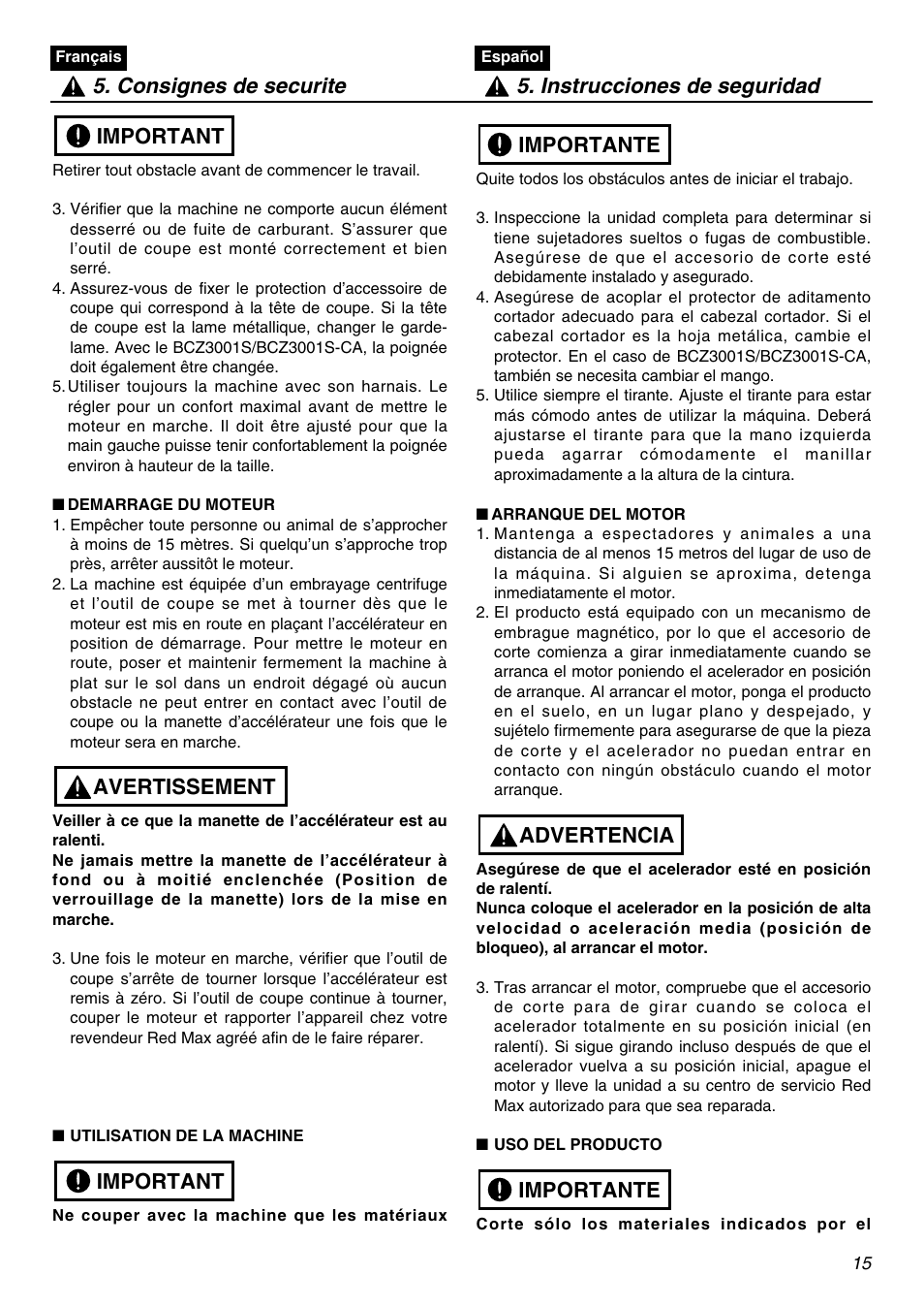 Important avertissement important | RedMax BCZ3001S-CA User Manual | Page 15 / 68