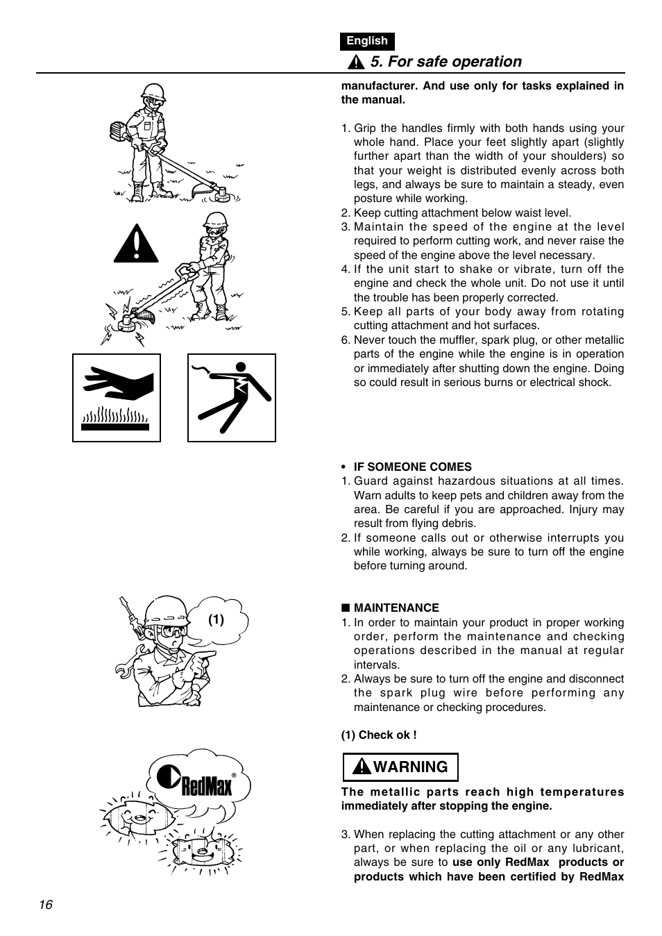 Warning 5. for safe operation | RedMax BCZ3001S-CA User Manual | Page 16 / 68