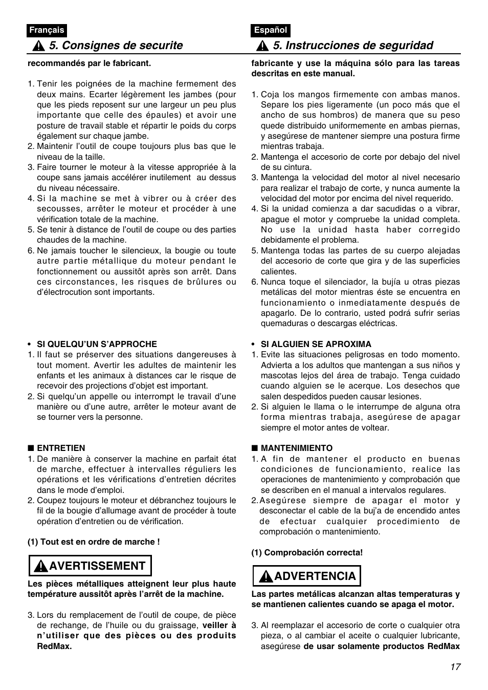 Avertissement | RedMax BCZ3001S-CA User Manual | Page 17 / 68