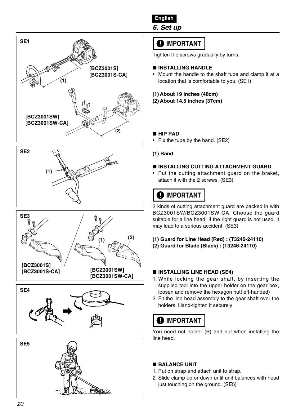 Set up, Important | RedMax BCZ3001S-CA User Manual | Page 20 / 68