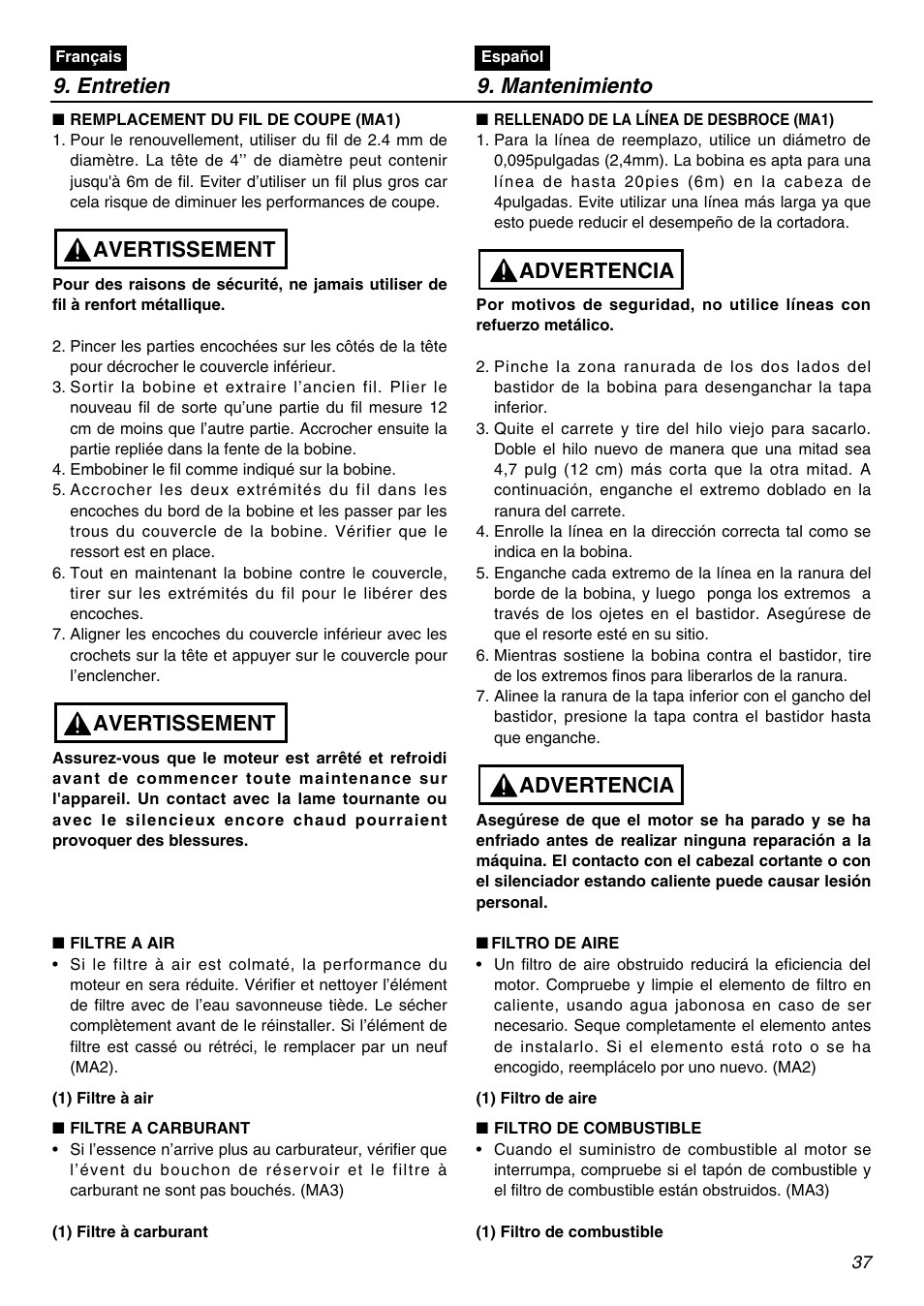 Entretien 9. mantenimiento, Avertissement, Advertencia | RedMax BCZ3001S-CA User Manual | Page 37 / 68