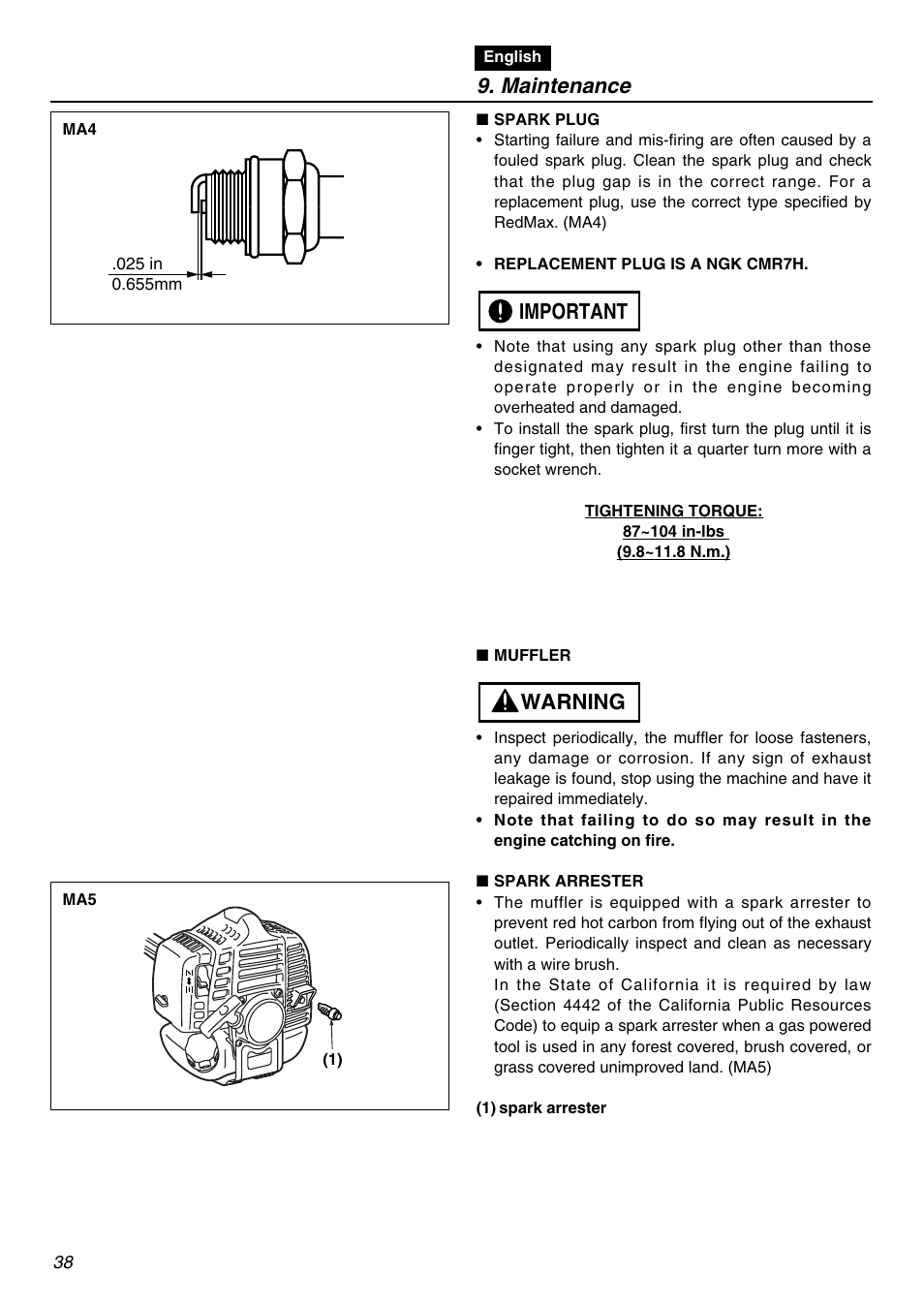 Maintenance, Warning important | RedMax BCZ3001S-CA User Manual | Page 38 / 68