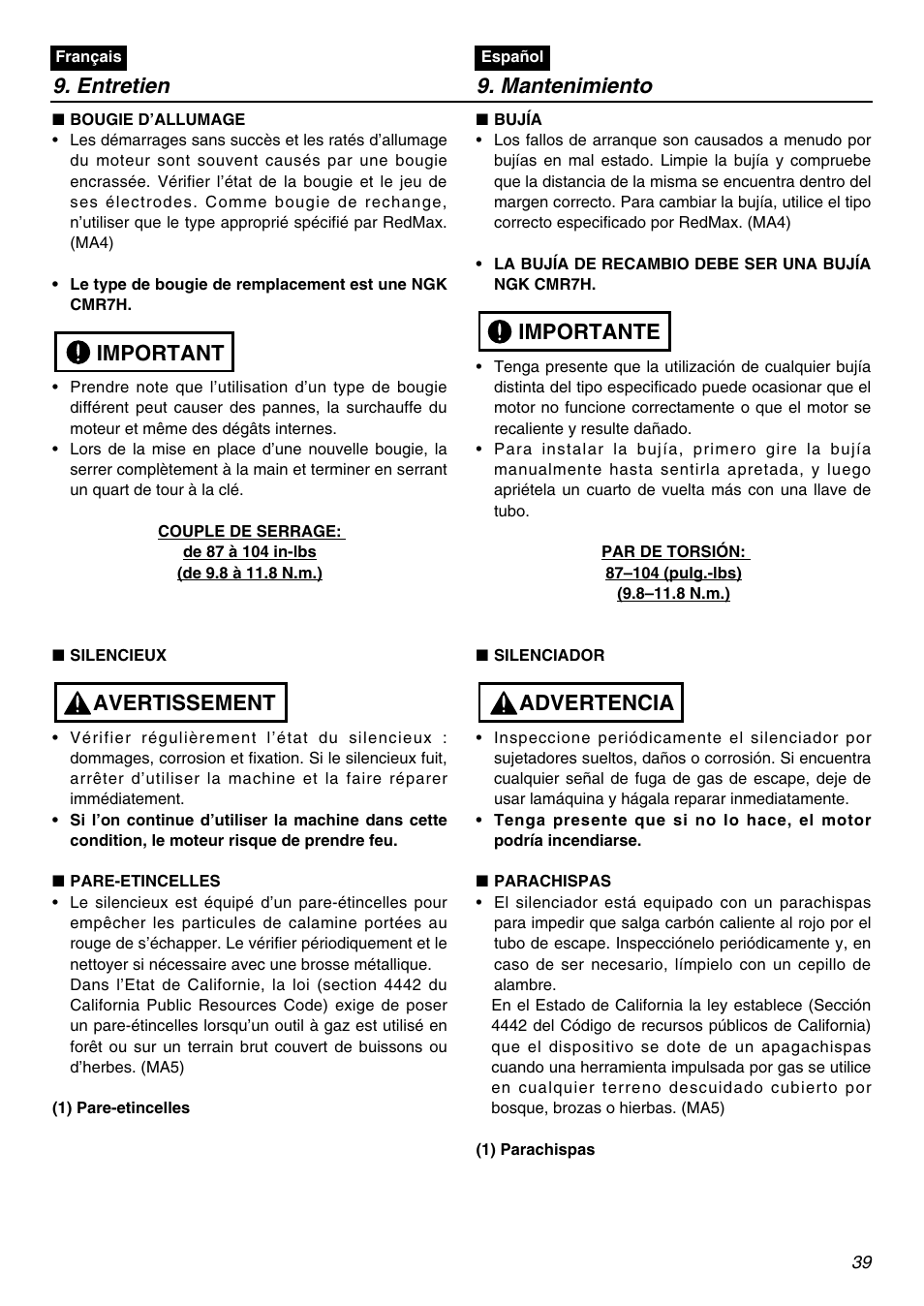 Entretien 9. mantenimiento, Avertissement important, Advertencia importante | RedMax BCZ3001S-CA User Manual | Page 39 / 68