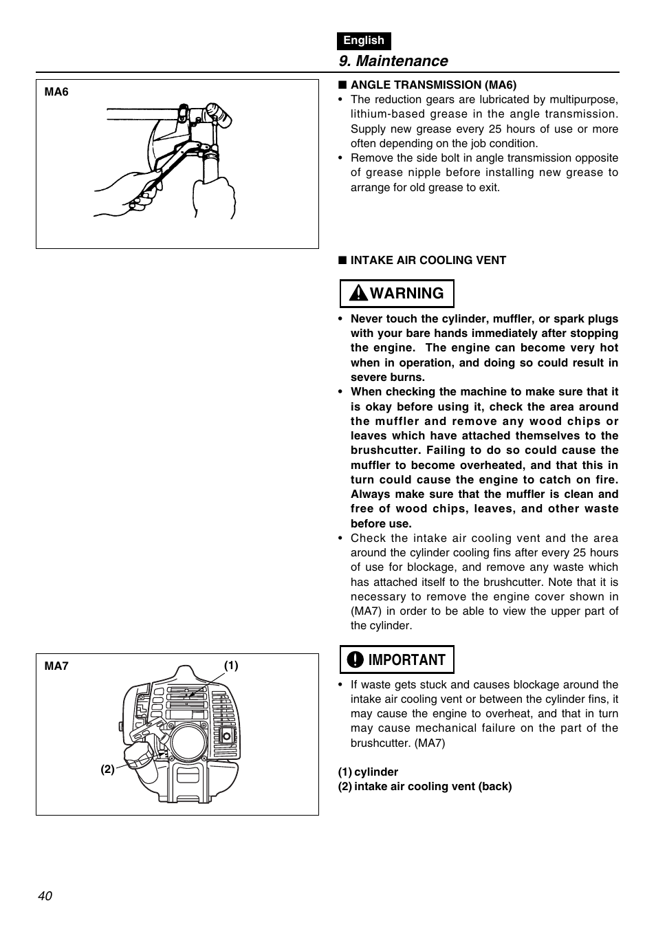 Maintenance, Important warning | RedMax BCZ3001S-CA User Manual | Page 40 / 68
