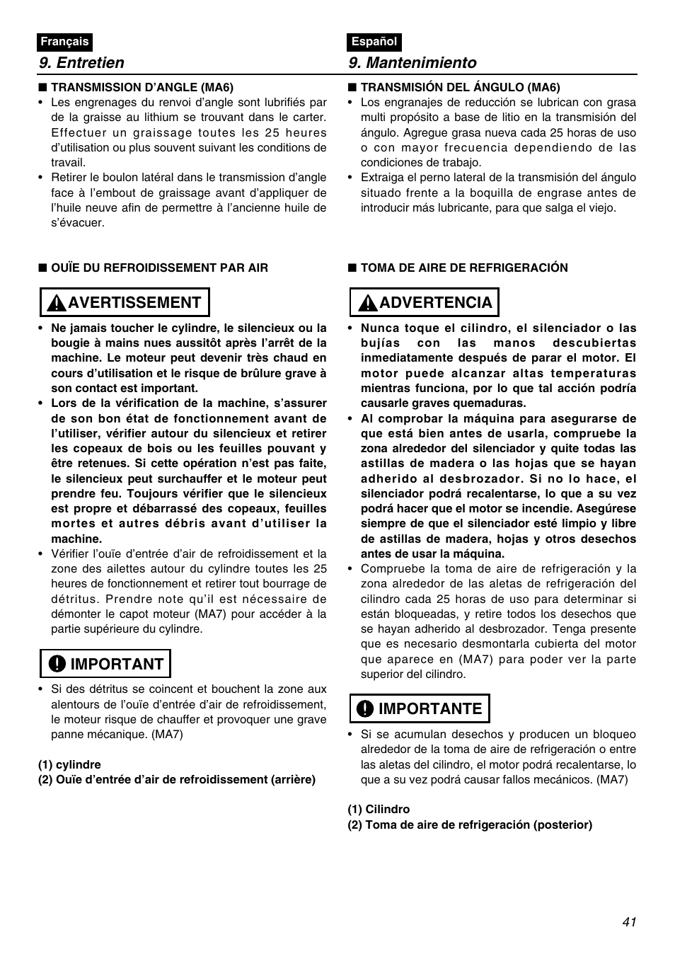 Entretien 9. mantenimiento, Important avertissement, Importante advertencia | RedMax BCZ3001S-CA User Manual | Page 41 / 68