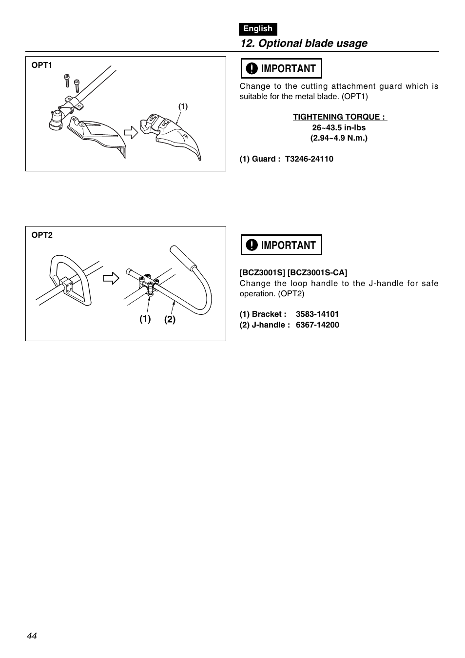 Optional blade usage, Important | RedMax BCZ3001S-CA User Manual | Page 44 / 68