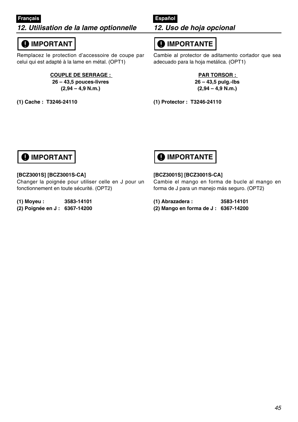 Important, Importante | RedMax BCZ3001S-CA User Manual | Page 45 / 68