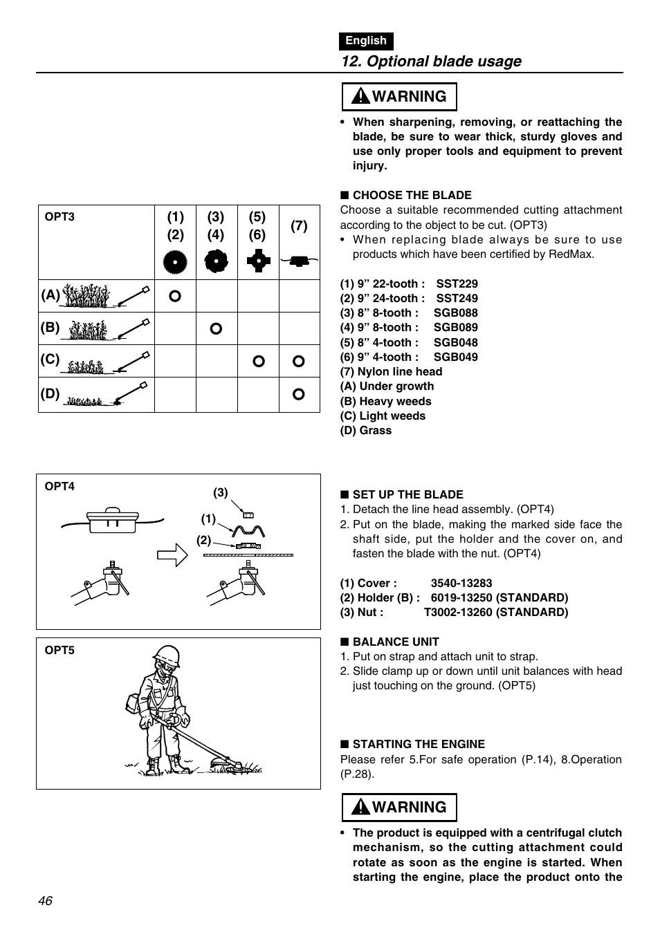 Warning, Optional blade usage | RedMax BCZ3001S-CA User Manual | Page 46 / 68