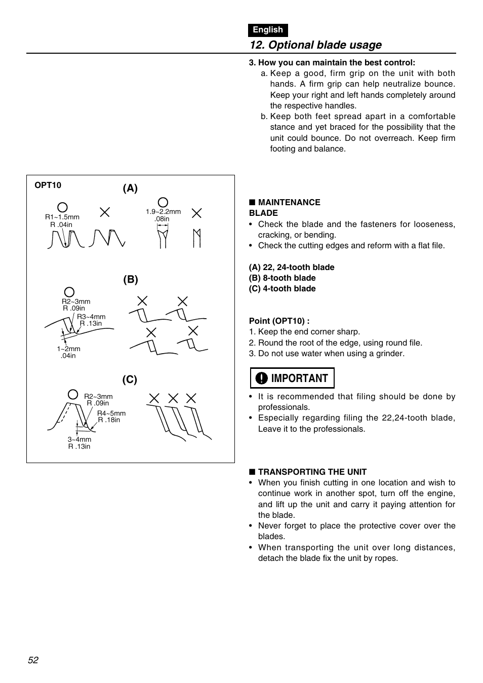 Important 12. optional blade usage | RedMax BCZ3001S-CA User Manual | Page 52 / 68