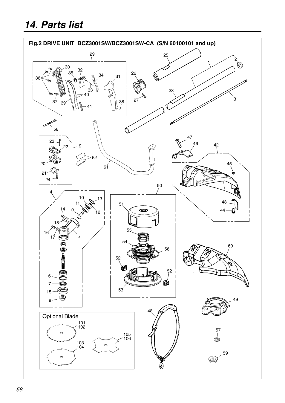 Parts list | RedMax BCZ3001S-CA User Manual | Page 58 / 68