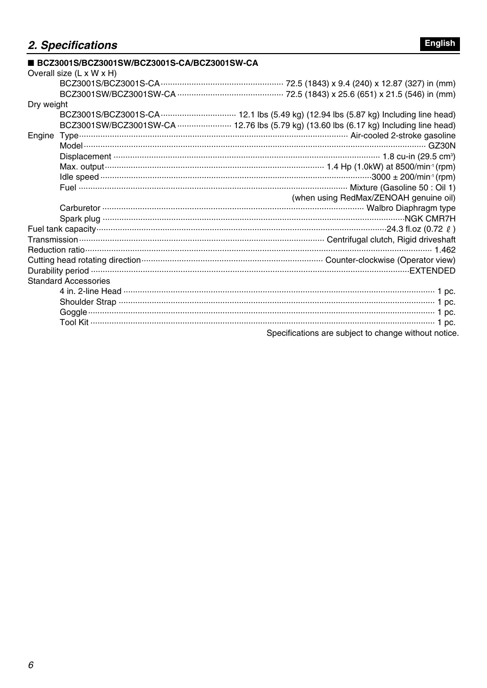 Specifications | RedMax BCZ3001S-CA User Manual | Page 6 / 68