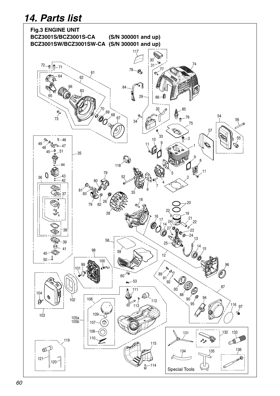 Parts list | RedMax BCZ3001S-CA User Manual | Page 60 / 68