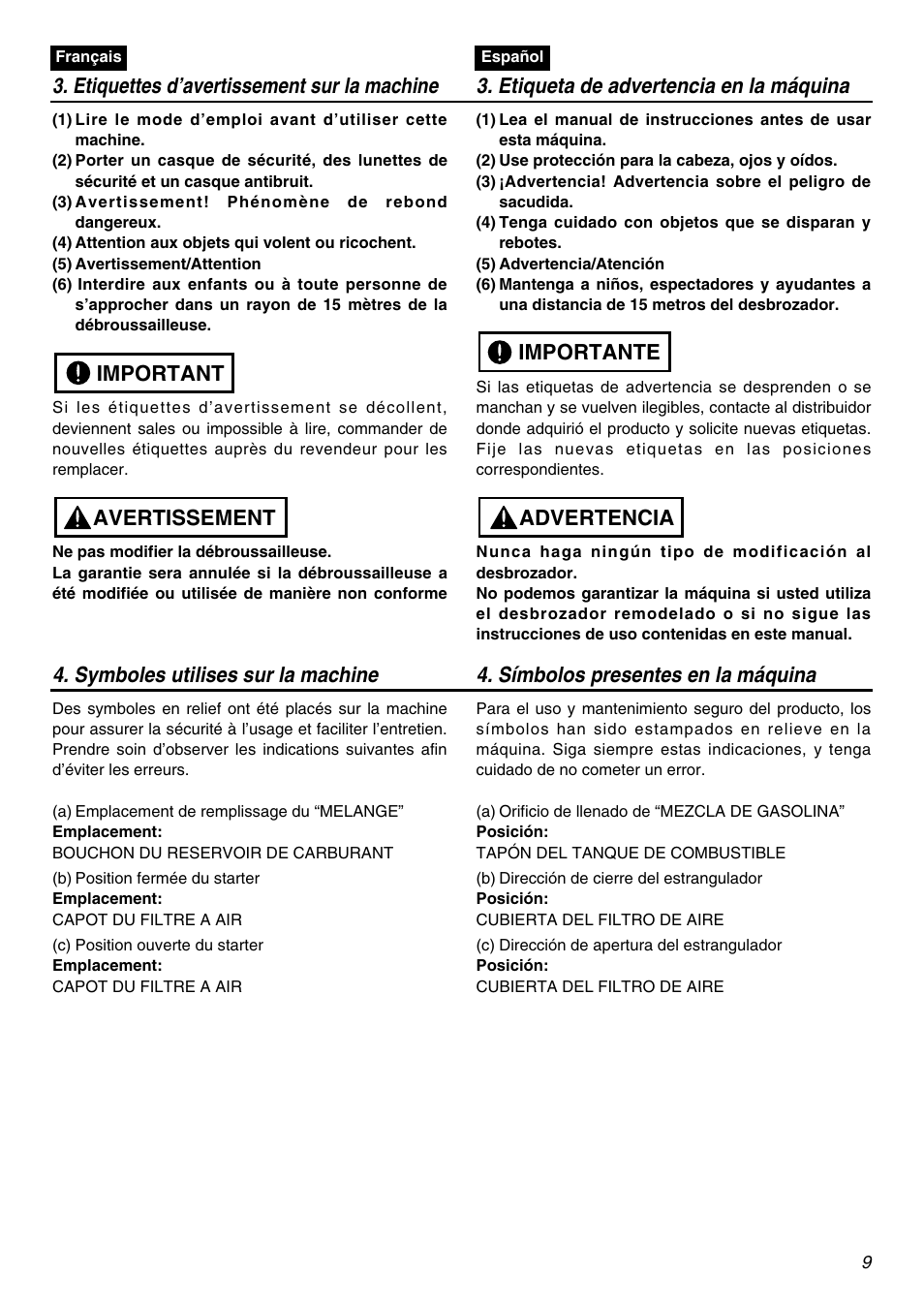 Avertissement important, Advertencia importante | RedMax BCZ3001S-CA User Manual | Page 9 / 68