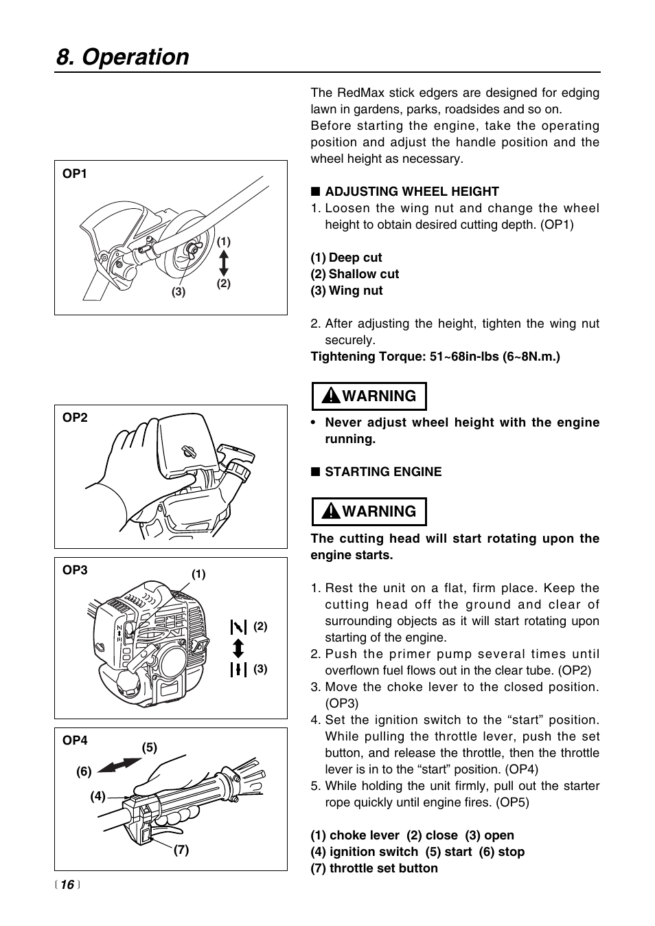 Operation, Warning | RedMax HEZ2500F User Manual | Page 16 / 36