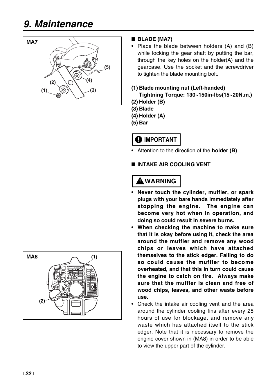 Maintenance, Warning important | RedMax HEZ2500F User Manual | Page 22 / 36