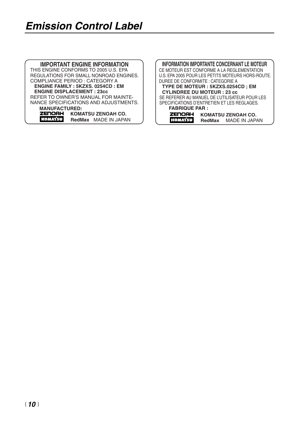 Emission control label | RedMax CHT2200 User Manual | Page 10 / 32