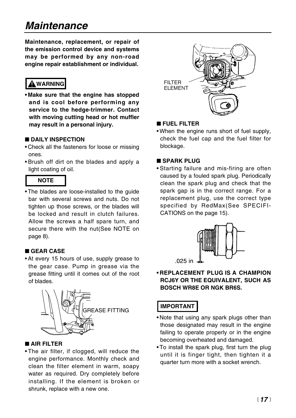 Maintenance | RedMax CHT2200 User Manual | Page 17 / 32