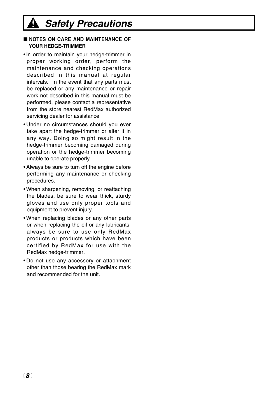 Safety precautions | RedMax CHT2200 User Manual | Page 8 / 32