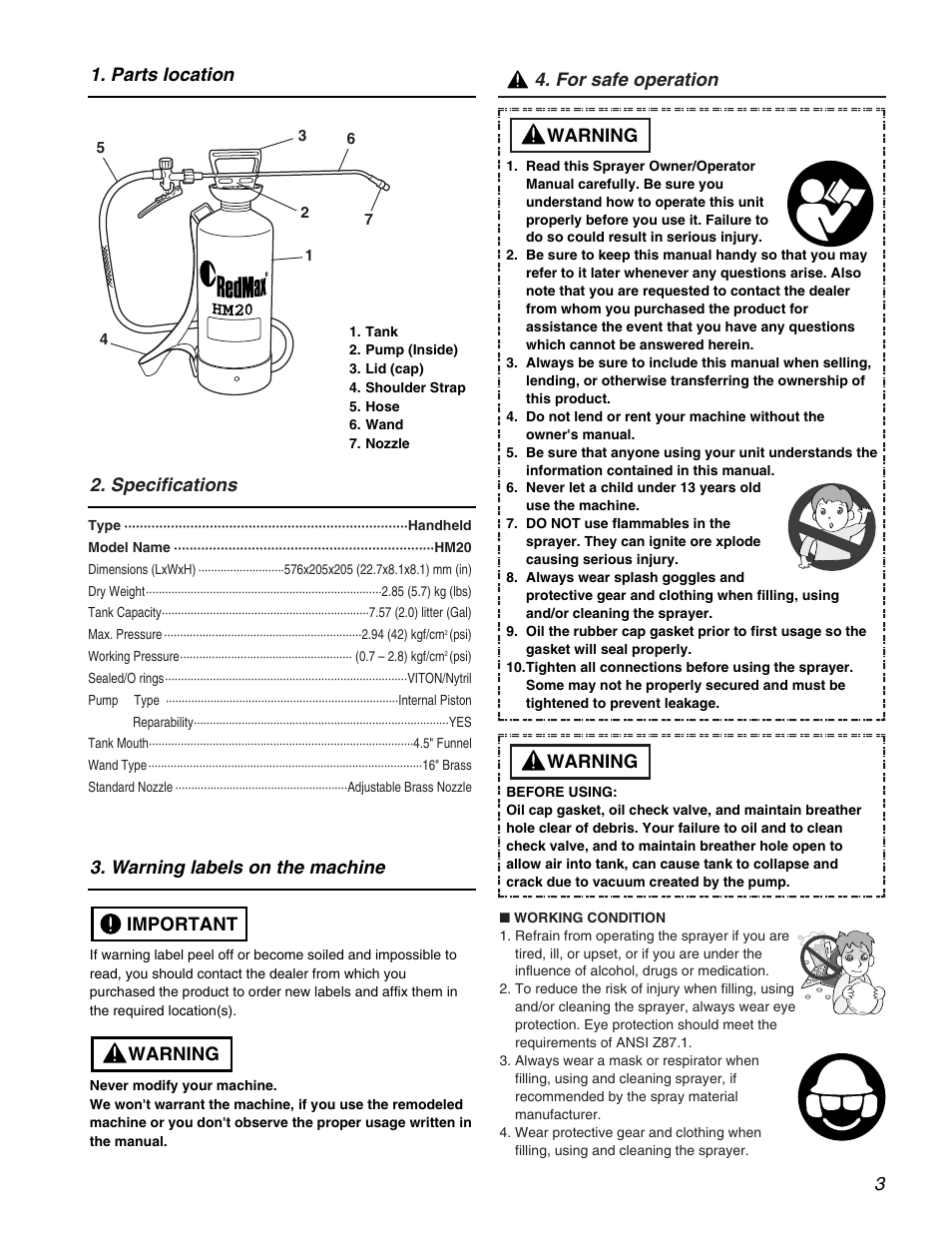 Parts location 3. warning labels on the machine, Warning important, Warning | For safe operation 2. specifications | RedMax HM20 User Manual | Page 3 / 12