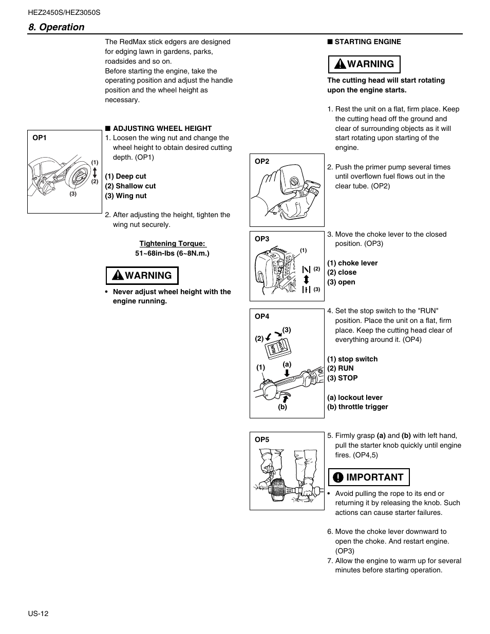 Operation, Warning, Important warning | RedMax STICK HEZ2450S User Manual | Page 12 / 19