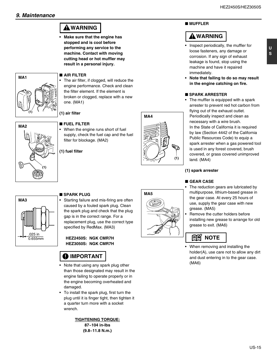 Important warning, Maintenance | RedMax STICK HEZ2450S User Manual | Page 15 / 19