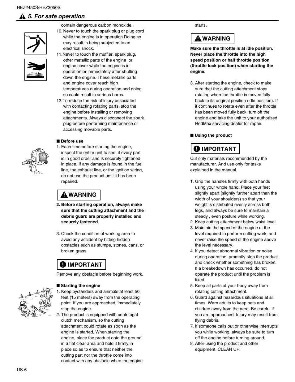 Important warning 5. for safe operation, Important warning | RedMax STICK HEZ2450S User Manual | Page 6 / 19