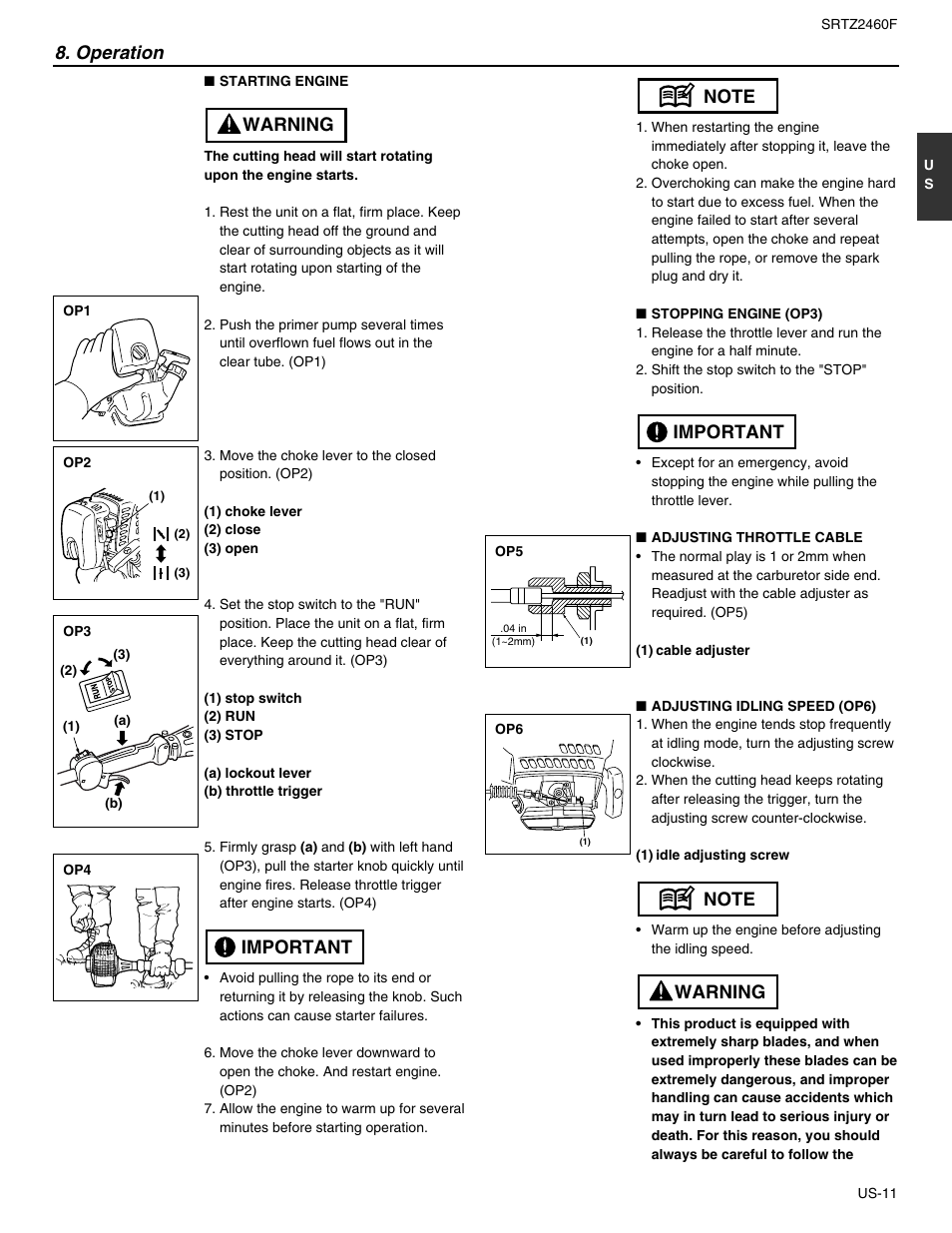 Operation, Important warning | RedMax SRTZ2460F User Manual | Page 12 / 19