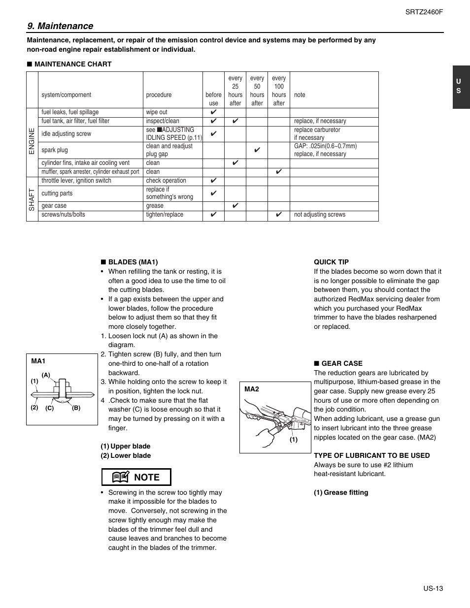 Maintenance | RedMax SRTZ2460F User Manual | Page 14 / 19