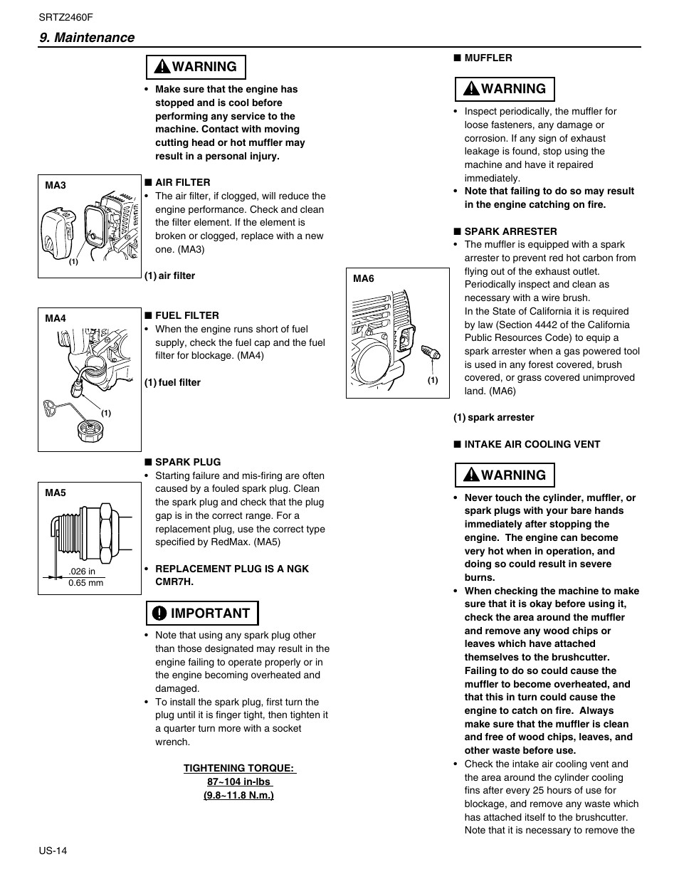 Warning, Maintenance, Important warning | RedMax SRTZ2460F User Manual | Page 15 / 19