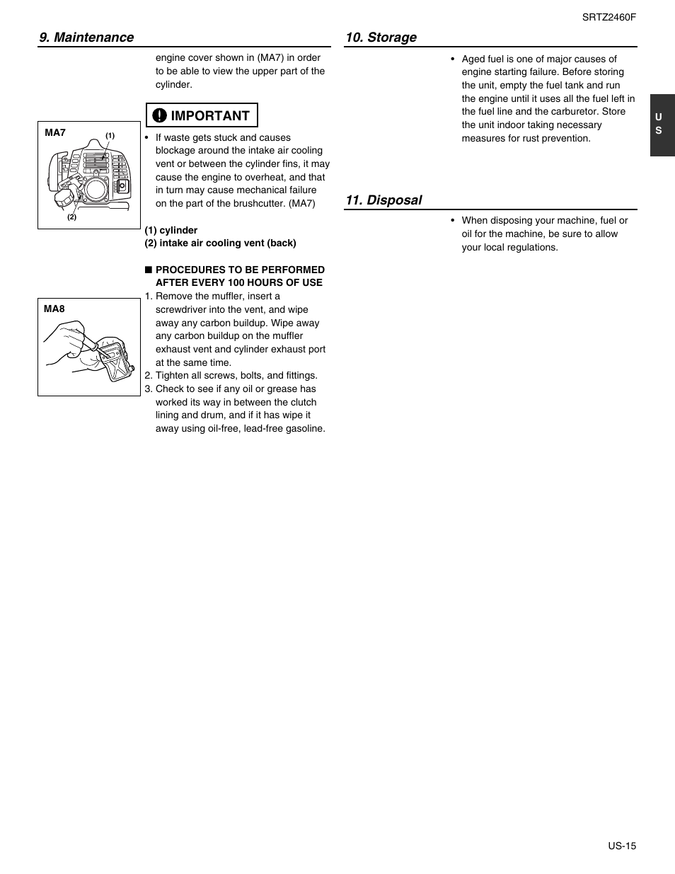 Maintenance, Storage 11. disposal, Important | RedMax SRTZ2460F User Manual | Page 16 / 19