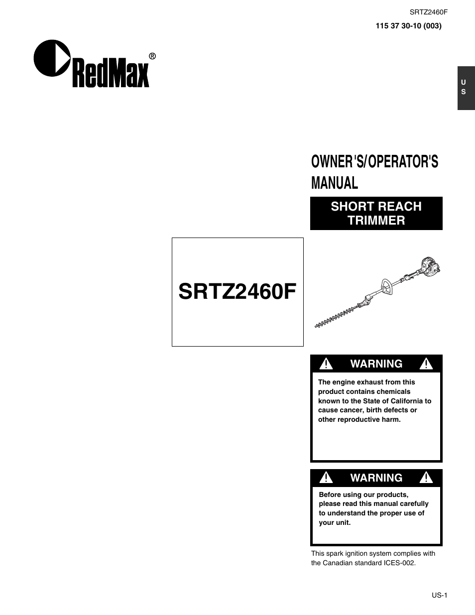 Srtz2460f, Owner's/operator's manual, Short reach trimmer | RedMax SRTZ2460F User Manual | Page 2 / 19