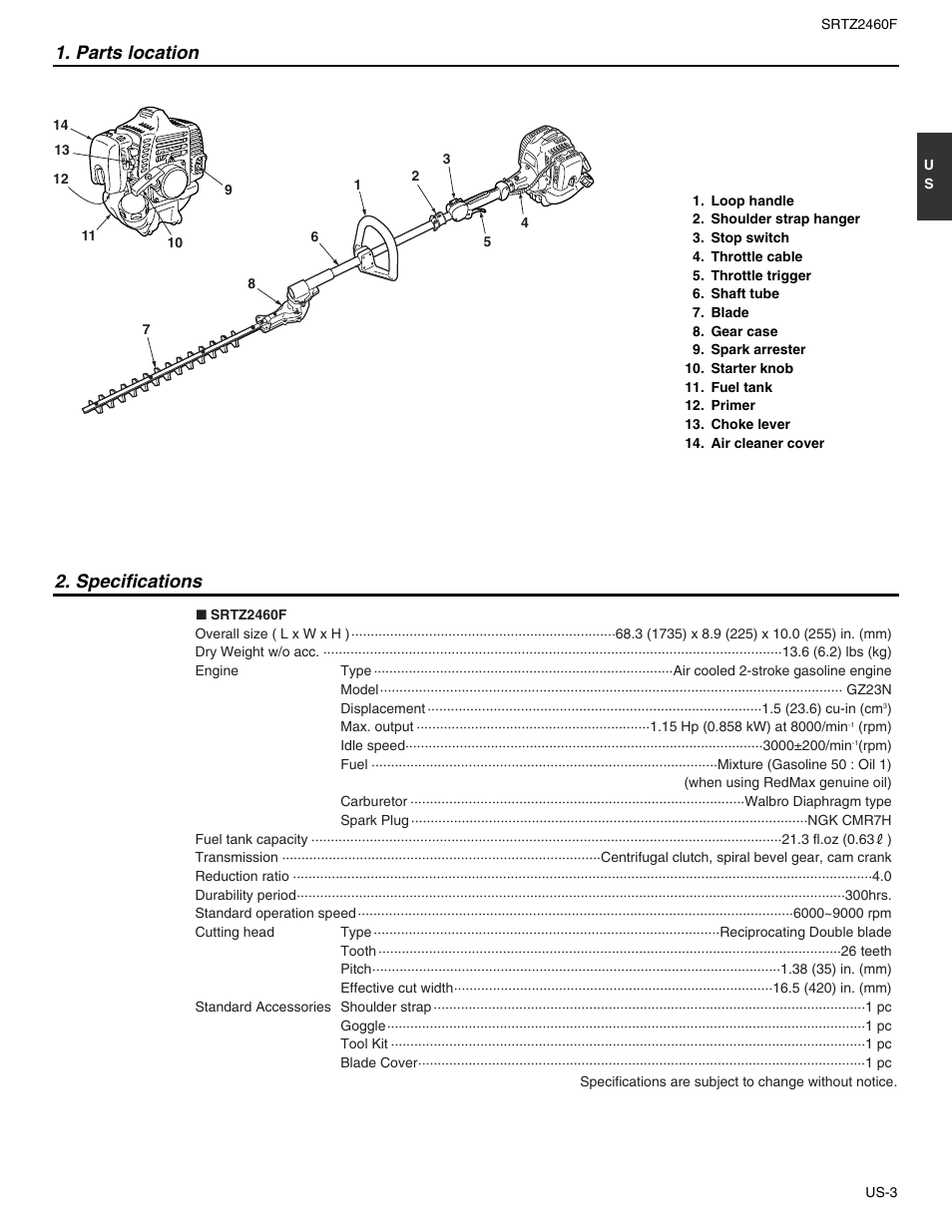 Parts location 2. specifications | RedMax SRTZ2460F User Manual | Page 4 / 19