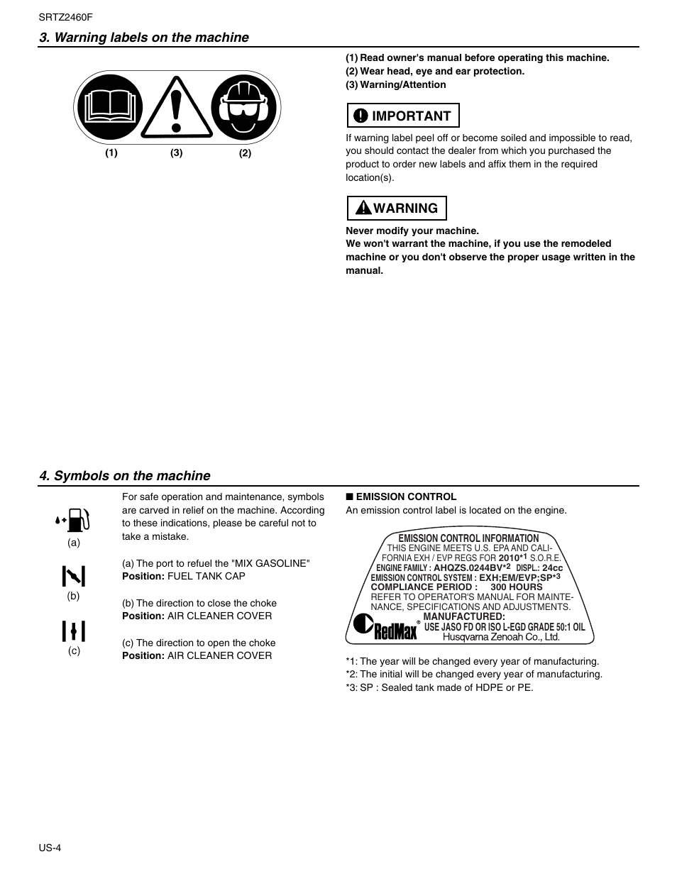 Warning labels on the machine, Symbols on the machine, Warning important | RedMax SRTZ2460F User Manual | Page 5 / 19