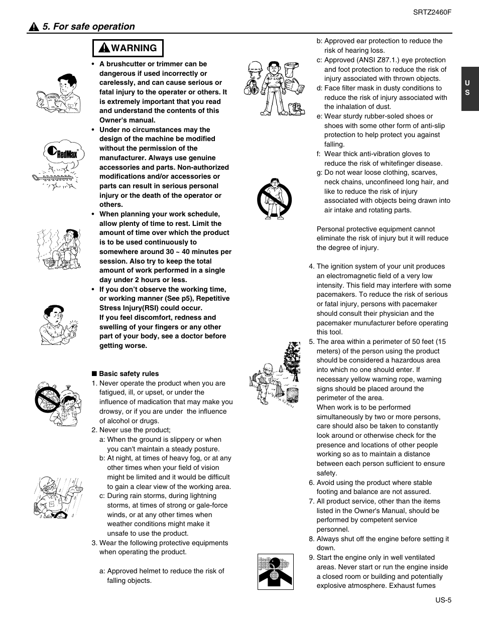 Warning 5. for safe operation | RedMax SRTZ2460F User Manual | Page 6 / 19