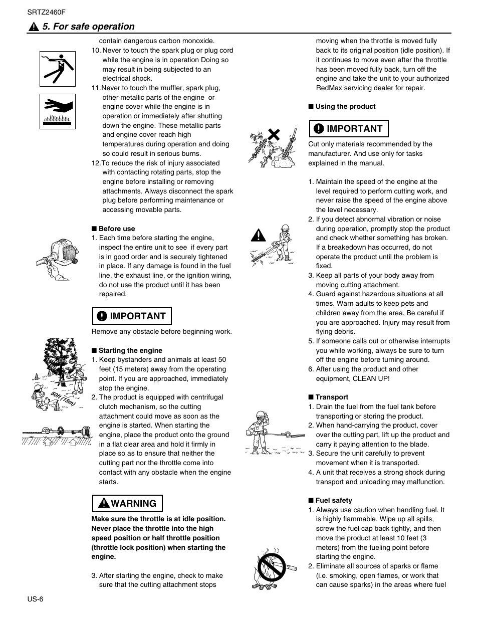 Warning important 5. for safe operation, Important | RedMax SRTZ2460F User Manual | Page 7 / 19