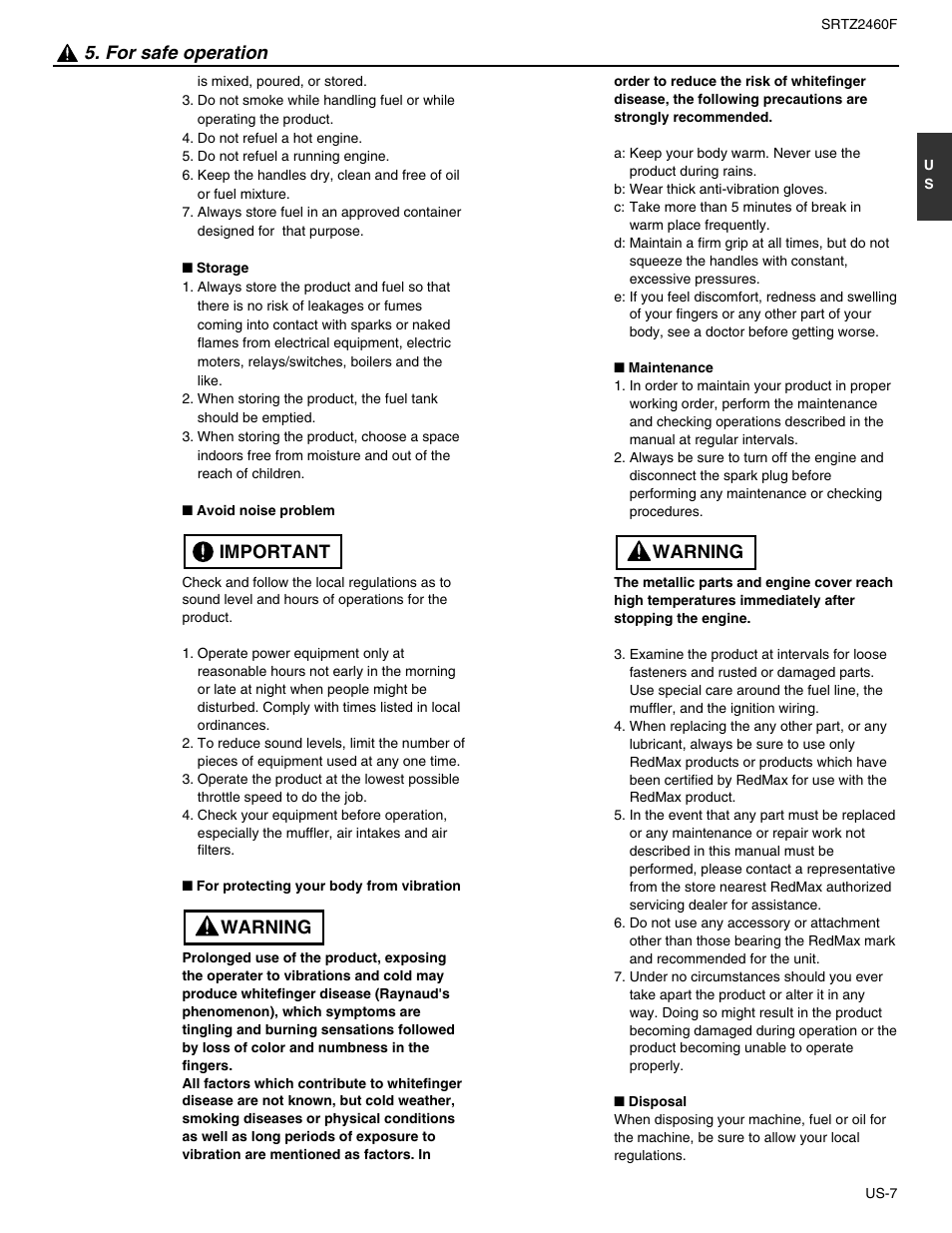 For safe operation, Warning important, Warning | RedMax SRTZ2460F User Manual | Page 8 / 19