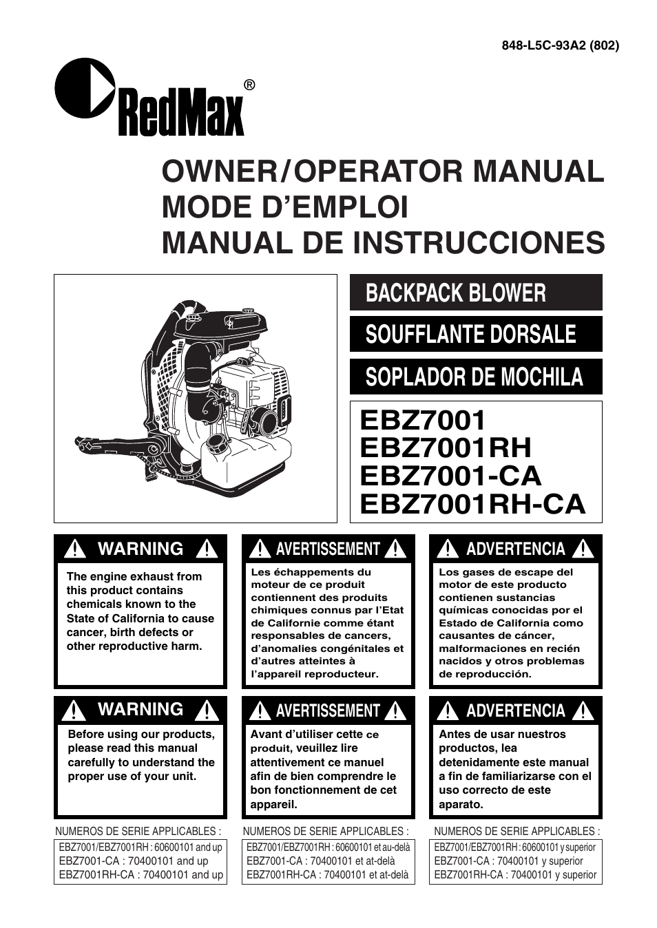 RedMax EBZ7001-CA User Manual | 60 pages