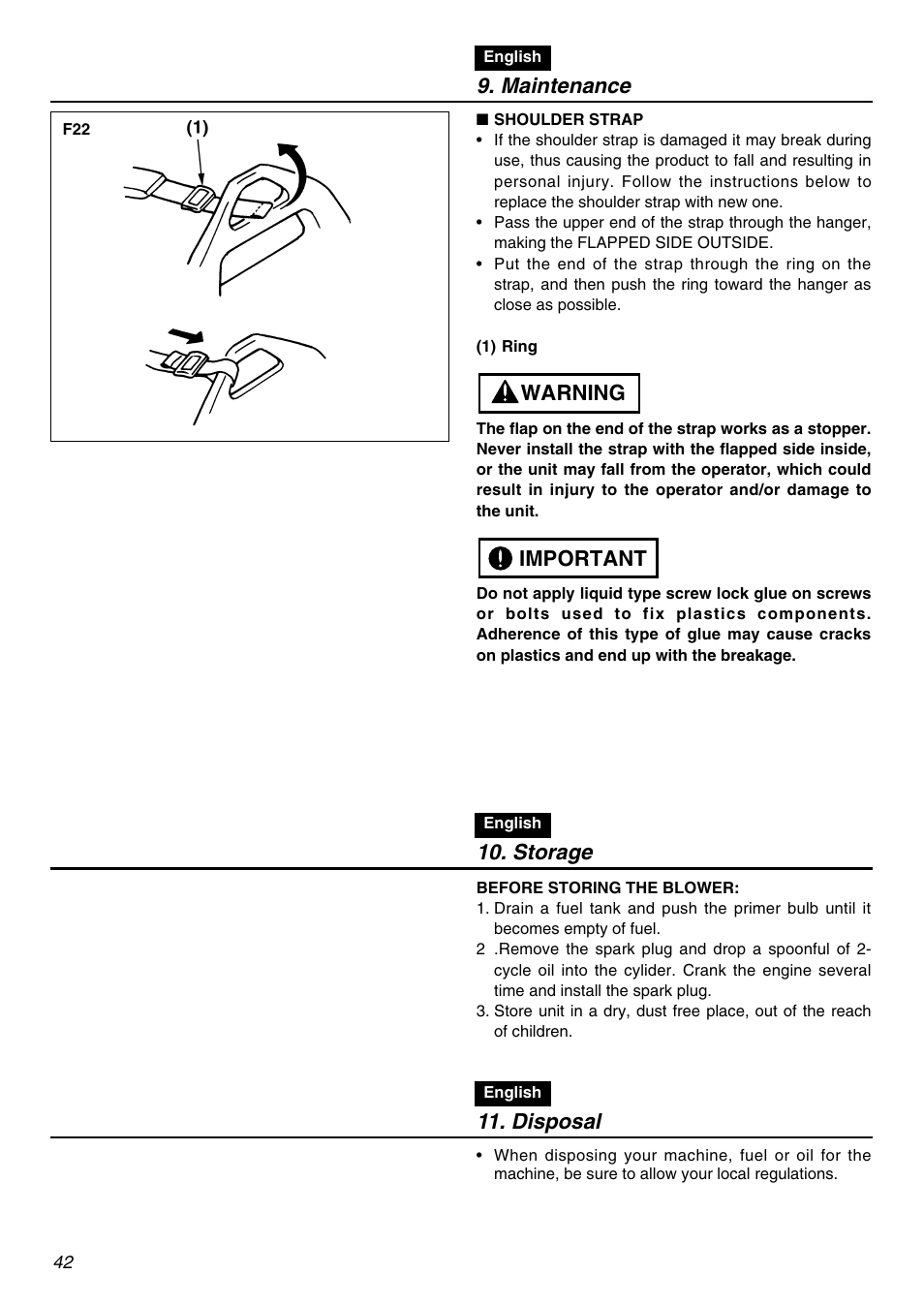 Maintenance, Important warning, Storage | Disposal | RedMax EBZ7001-CA User Manual | Page 42 / 60