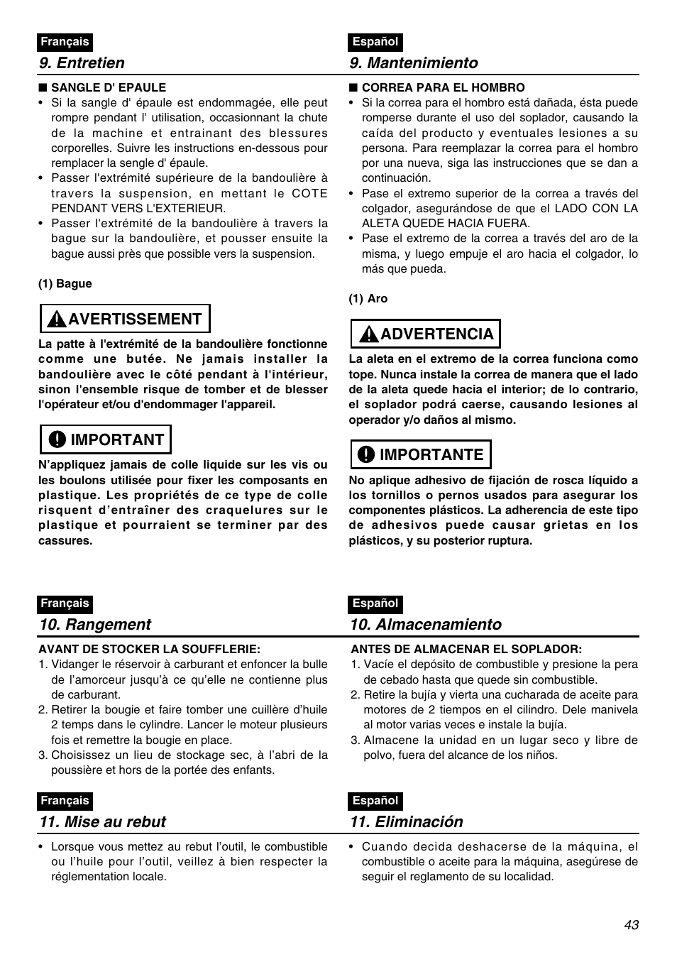 Entretien 9. mantenimiento, Important avertissement, Importante advertencia | Rangement 10. almacenamiento, Mise au rebut 11. eliminación | RedMax EBZ7001-CA User Manual | Page 43 / 60