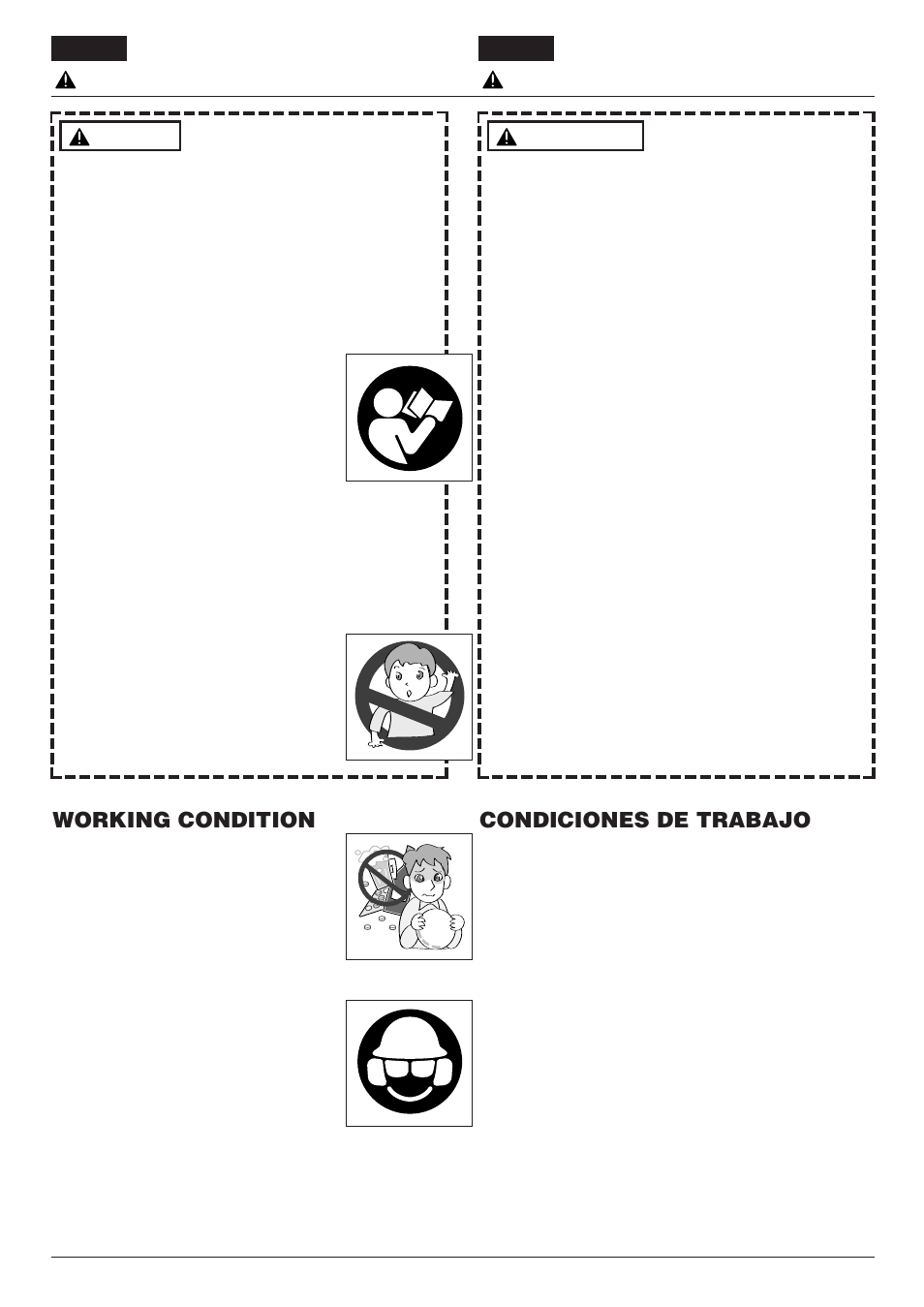 Working condition, Safety precautions, Condiciones de trabajo | Precauciones de seguridad | RedMax BACKPACK EBZ8000RH User Manual | Page 6 / 36
