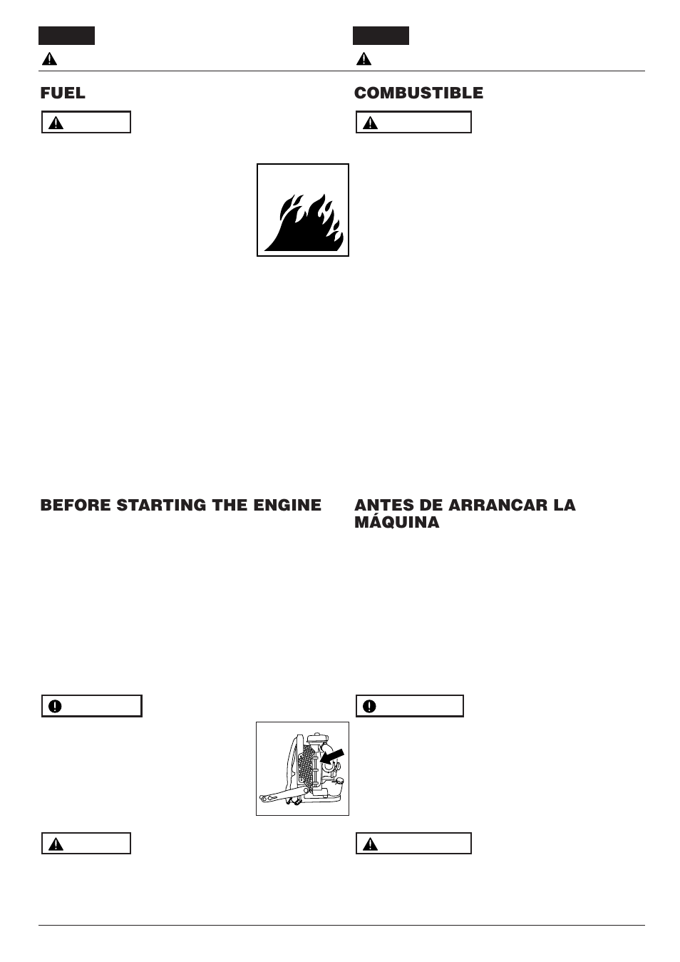 Fuel, Before starting the engine, Combustible | Antes de arrancar la máquina, Safety precautions precauciones de seguridad | RedMax BACKPACK EBZ8000RH User Manual | Page 9 / 36