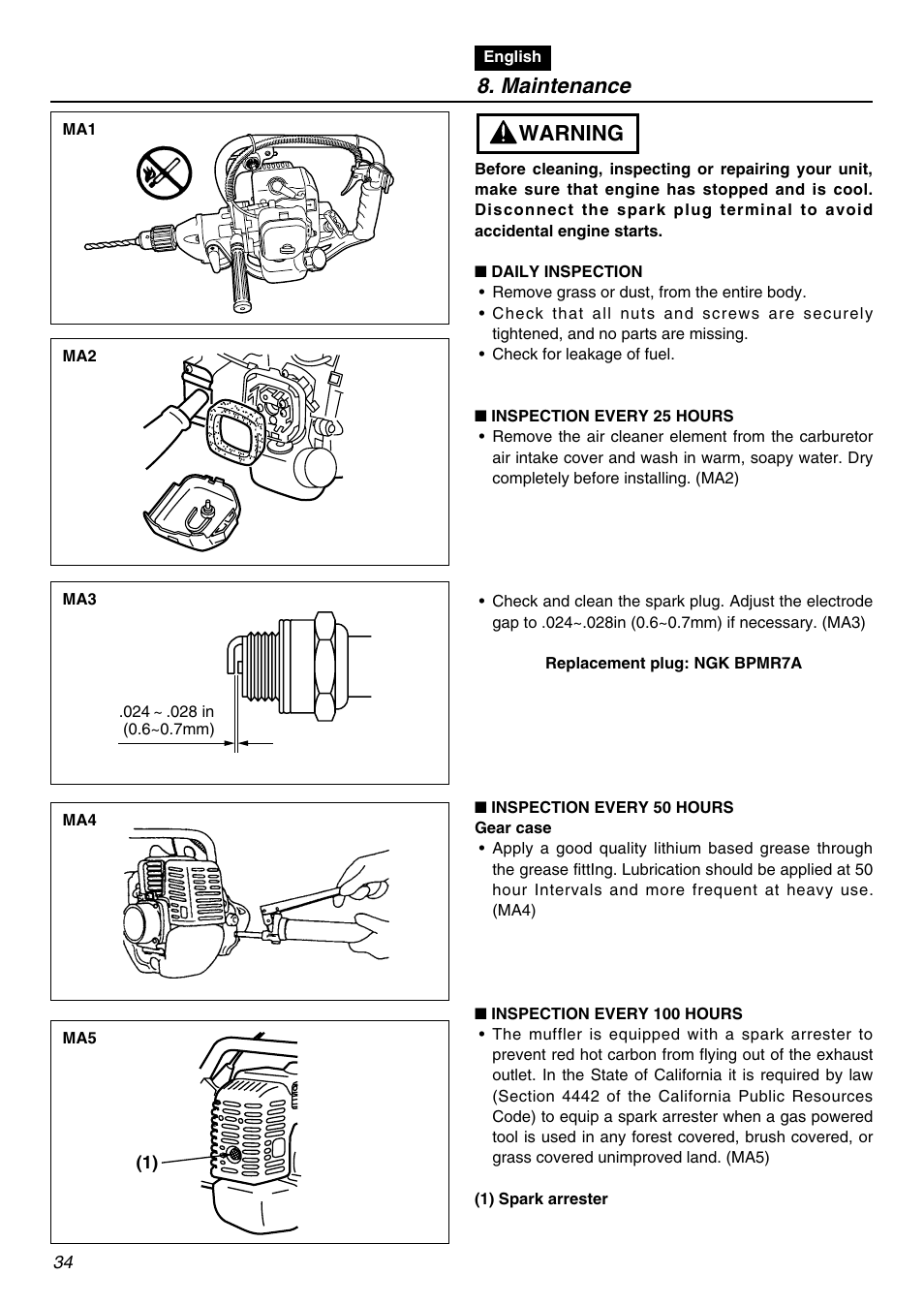 Maintenance, Warning | RedMax EDG2300R User Manual | Page 34 / 48