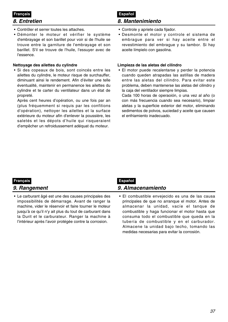 Entretien 8. mantenimiento, Rangement 9. almacenamiento | RedMax EDG2300R User Manual | Page 37 / 48