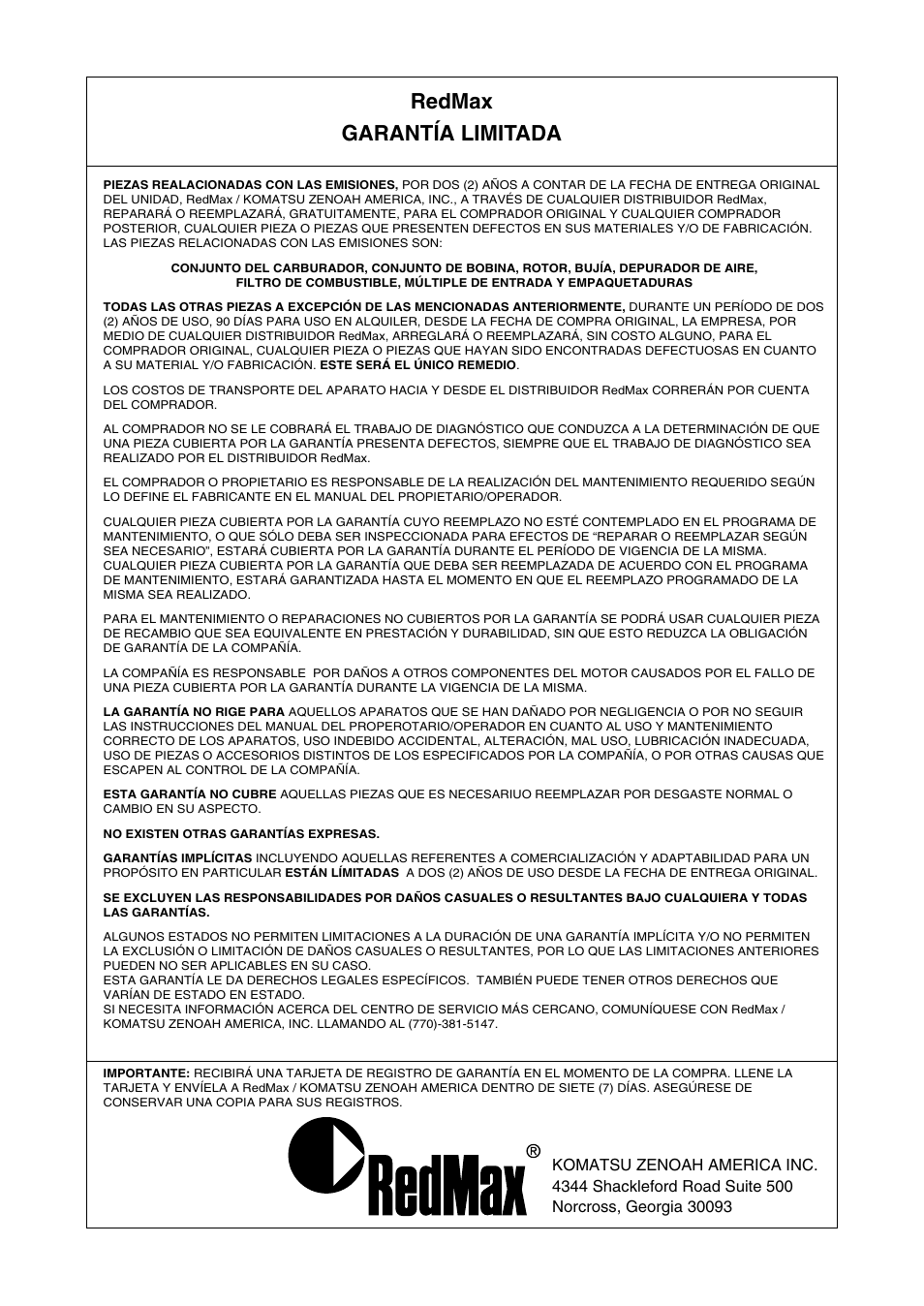 Redmax garantía limitada | RedMax EDG2300R User Manual | Page 46 / 48