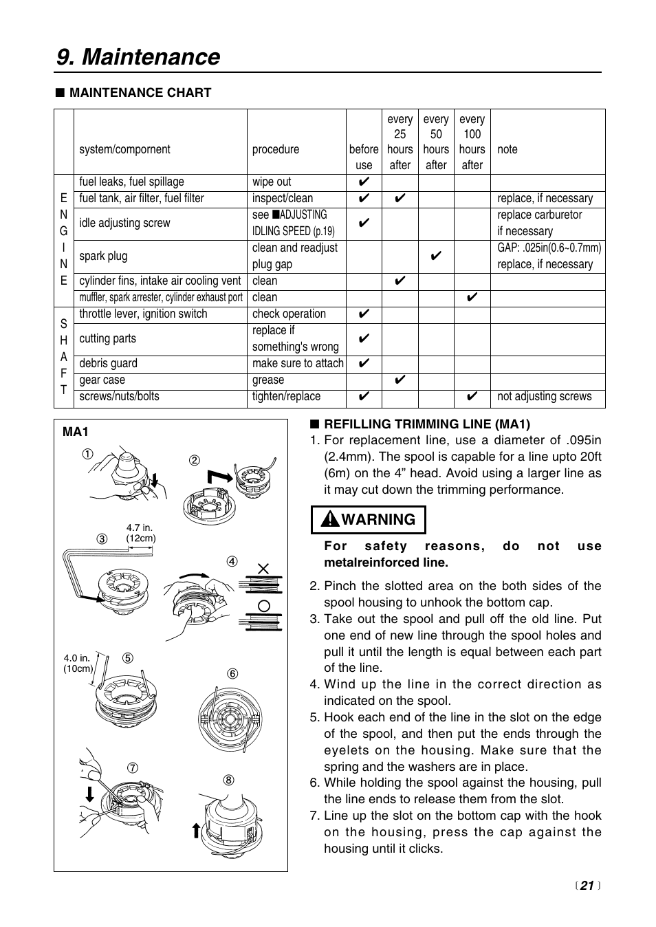 Maintenance, Warning | RedMax BCZ3000SW User Manual | Page 21 / 40